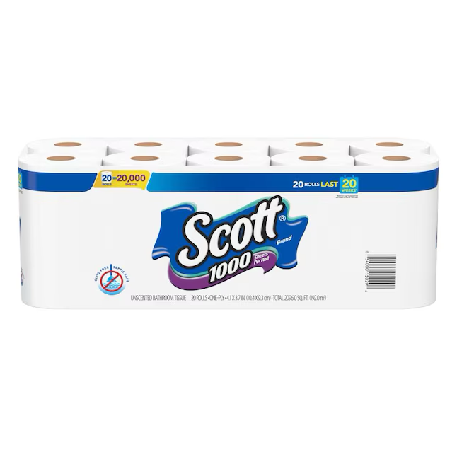 SCOTT Marine and RV Grade 1-Ply Toilet Paper, 20 Rolls, 1000 Sheets per Roll, Safe for Septic Tanks, 2096 Sq. Feet