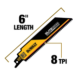 Hoja de sierra alternativa para corte de metal DEWALT Elite de 6 pulgadas y 8 Tpi de espesor