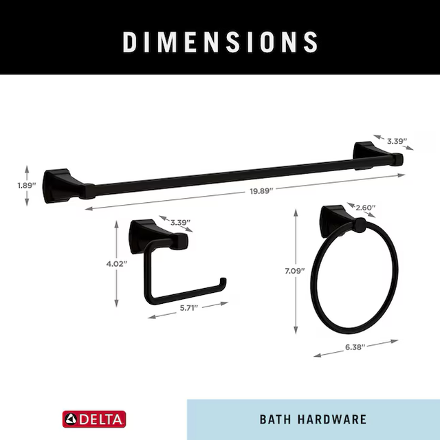 Delta 3-Piece Flynn Matte Black Decorative Bathroom Hardware Set with Towel Bar,Toilet Paper Holder and Towel Ring