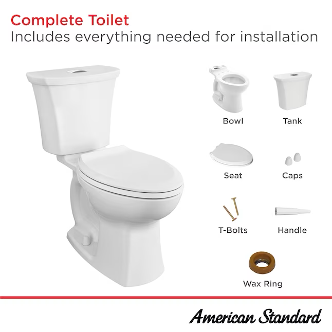 American Standard Edgemere - Inodoro blanco alargado con doble descarga, altura de silla, 2 piezas, WaterSense, cierre suave, 12 pulgadas, empotrable, 1,6 GPF