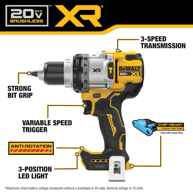 Taladro percutor inalámbrico sin escobillas DEWALT XR de 1/2 pulg. y 20 voltios máx. variable (1 batería incluida)