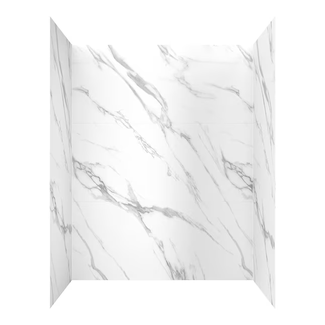 Allen + Roth Marco de pared de ducha con alcoba, color blanco Carrara, 60 x 32 x 78 pulgadas, 9 piezas, adhesivo para pared