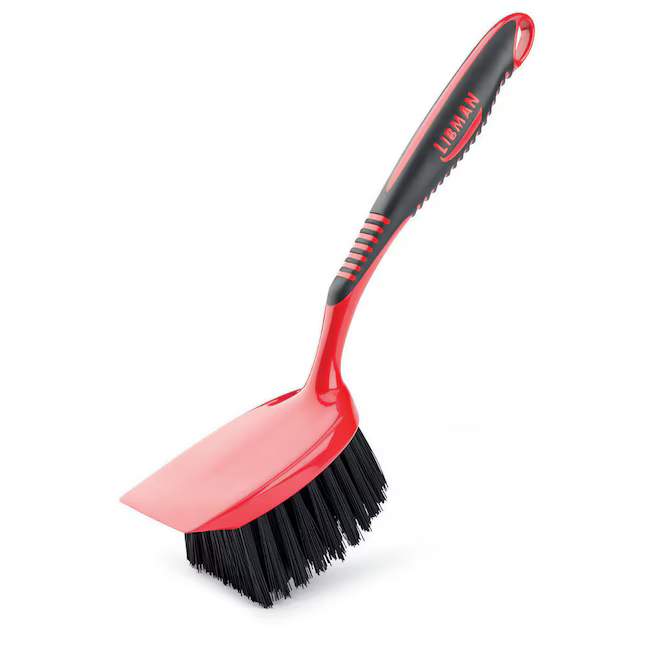 Libman Short Handle Utility Brush - Ergonomic Rubber Grip - Dishwasher Safe - 2.5-In Wide Scraper - Poly Fiber Bristles - Multiple Colors/Finishes