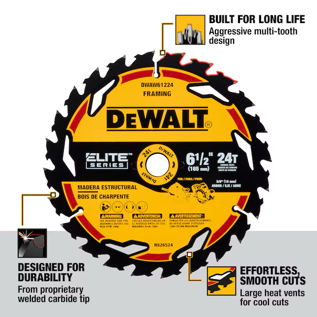 DEWALT ELITE SERIES 6-1/2 Zoll Kreissägeblatt aus Stahl mit Wolframkarbidspitze, 24 Zähne, grobe Oberfläche