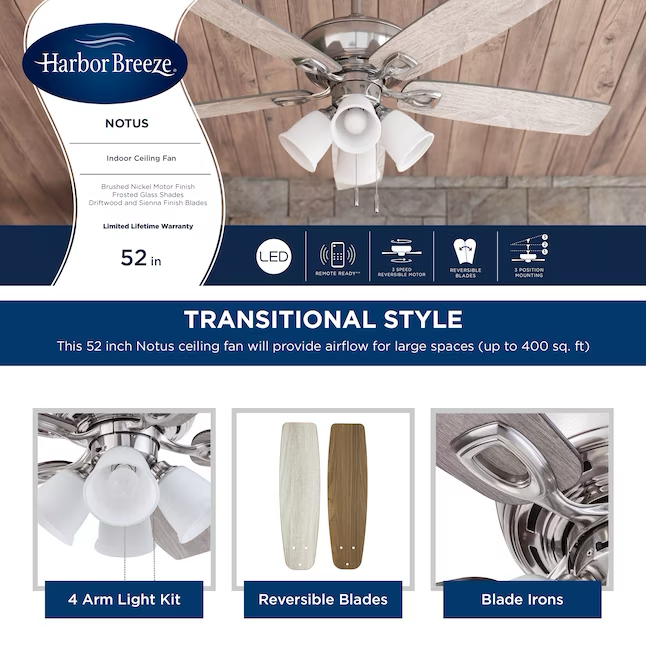 Harbor Breeze Notus 52-in Brushed Nickel Indoor Downrod or Flush Mount Ceiling Fan with Light (5-Blade)