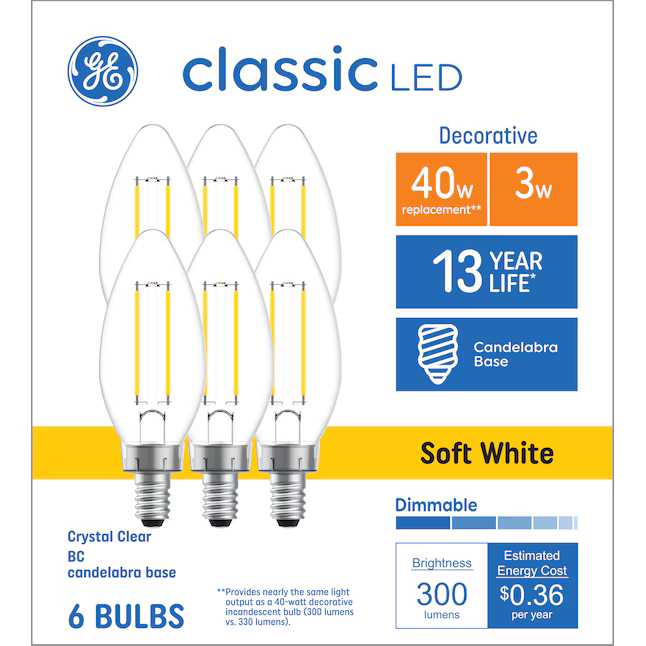 Bombilla LED regulable GE Classic EQ B10 de 40 vatios con base de candelabro en blanco suave (E-12) (paquete de 6)