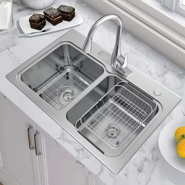 Allen + Roth The Hoffman Collection Dual-mount 33-in x 22-in Stainless Steel Double Equal Bowl 2-Hole Kitchen Sink All-in-one Kit