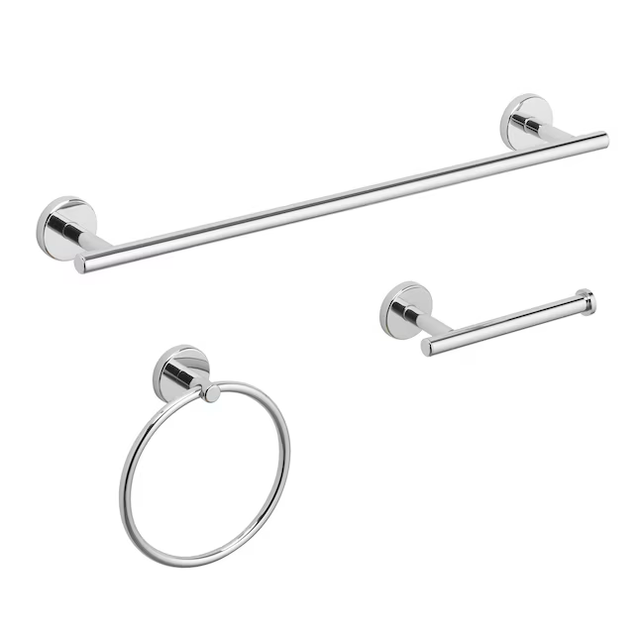 allen + roth 3-Piece Harlow Polished Chrome Decorative Bathroom Hardware Set with Towel Bar,Toilet Paper Holder and Towel Ring