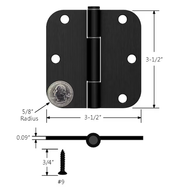 RELIABILT No-Squeak 3-1/2-in H x 5/8-in Radius Matte Black Mortise Interior/Exterior Door Hinge (3-Pack)