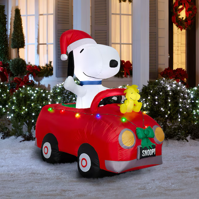 Inflable navideño de 6 pies con luces LED de Snoopy y Woodstock en el auto de Peanuts