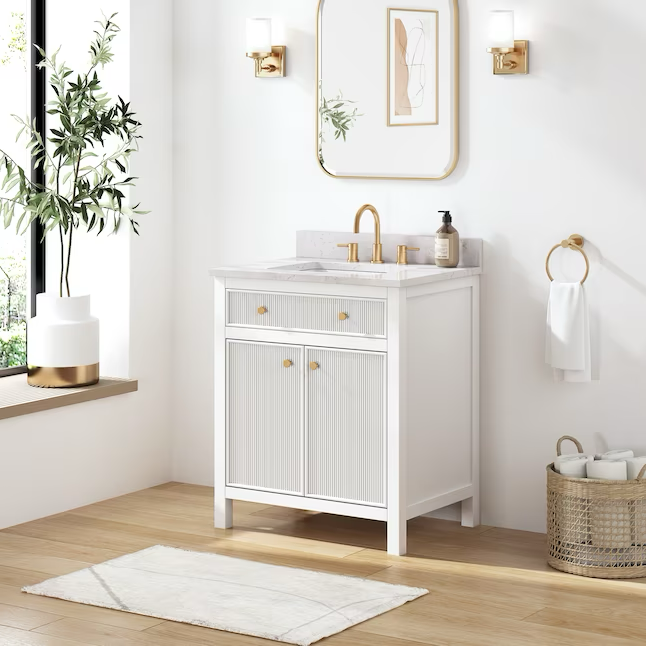 Mueble de baño con lavabo individual bajo encimera blanco Sandbanks de 30 pulgadas de Allen + Roth con cubierta de piedra artificial blanca