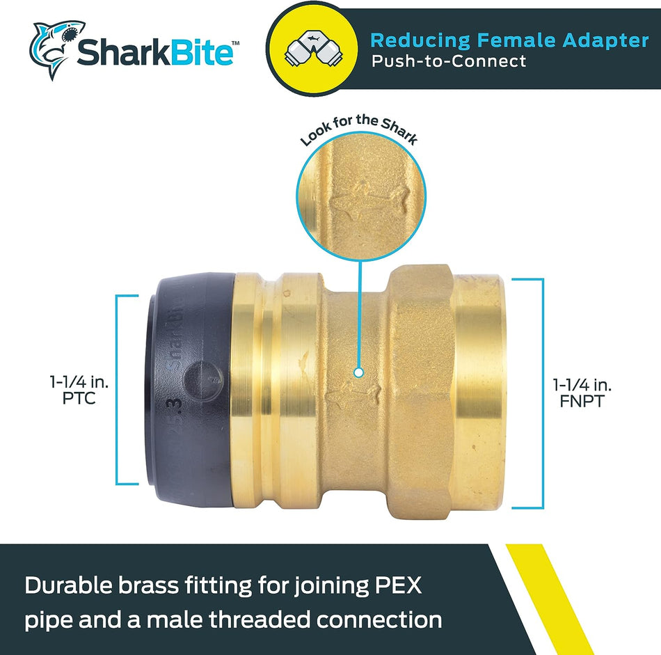 Adaptador hembra de empuje de latón FNPT SharkBite de 1-1/4 pulg. x 1-1/4 pulg.