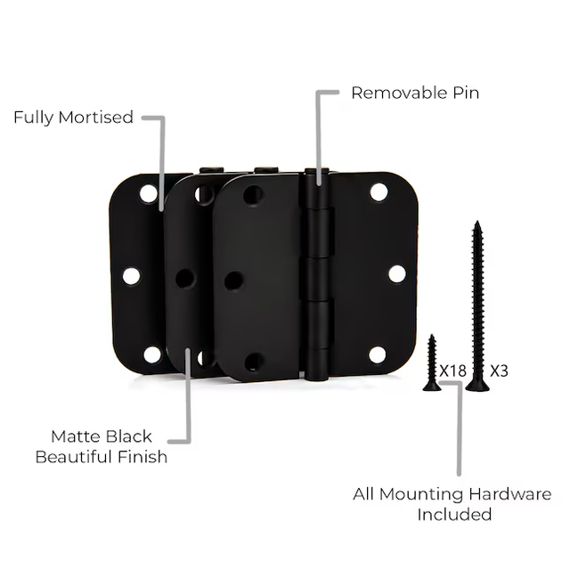 RELIABILT 3-1/2-in H x 5/8-in Radius Matte Black Mortise Interior Door Hinge (3-Pack)