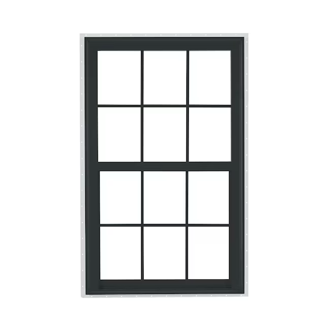 RELIABILT 150 Serie Neubau 35-1/2 Zoll x 51-1/2 Zoll x 3-1/4 Zoll Pfosten Schwarz Vinyl Low-E Einfachfenster mit Gittern Halber Fliegengitter inklusive