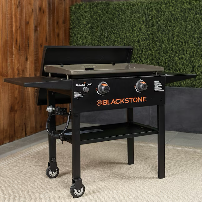 Paquete de plancha y cubierta Blackstone de 28 pulgadas, parrilla superior plana de propano líquido con 2 quemadores