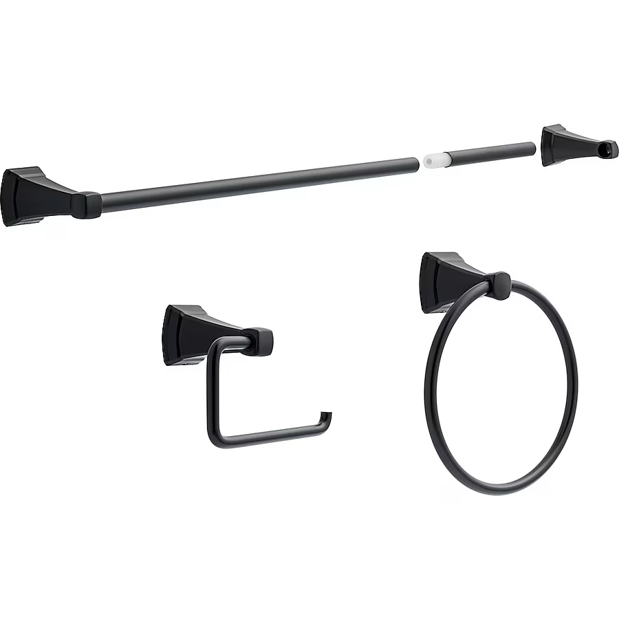 Delta 3-Piece Flynn Matte Black Decorative Bathroom Hardware Set with Towel Bar,Toilet Paper Holder and Towel Ring