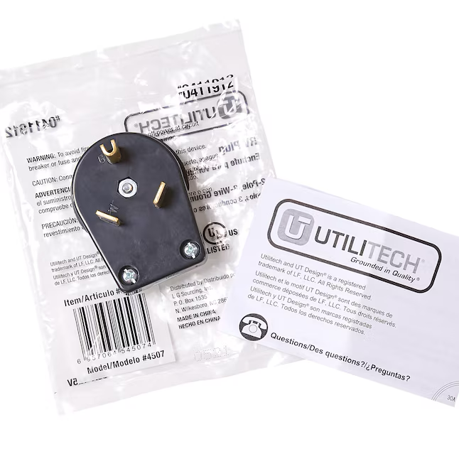 Utilitech Enchufe recto resistente de conexión a tierra de 3 cables NEMA Tt-30p de 30 amperios y 125 voltios, negro