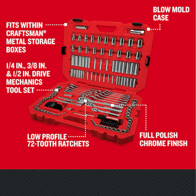 CRAFTSMAN Juego de herramientas mecánicas de cromo pulido estándar (SAE) de 159 piezas con estuche rígido