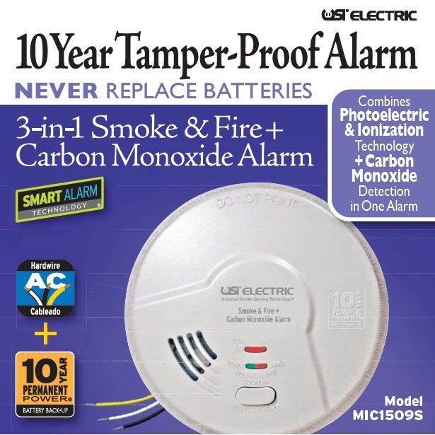 3-In-1 Smoke Fire and Carbon Monoxide Detector 10-Year Sealed Battery Backup Hardwired Microprocessor Intelligence