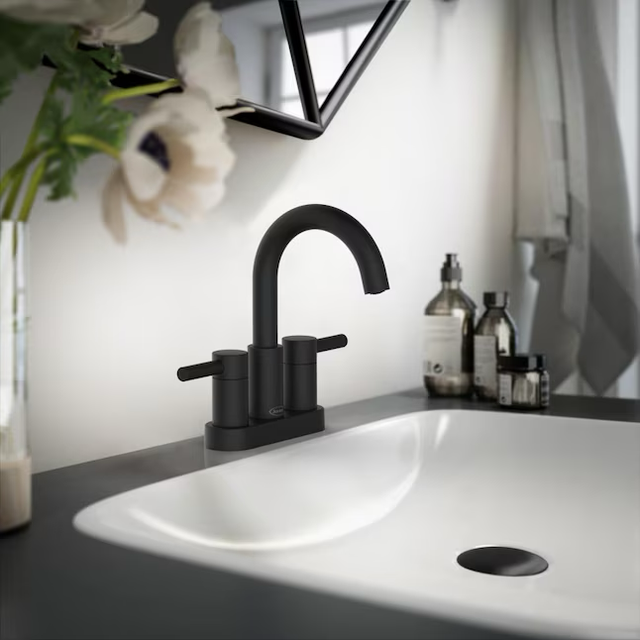 allen + roth Harlow Matte Black 4-in centerset 2-Handle WaterSense Bathroom Sink Faucet with Drain and Deck Plate