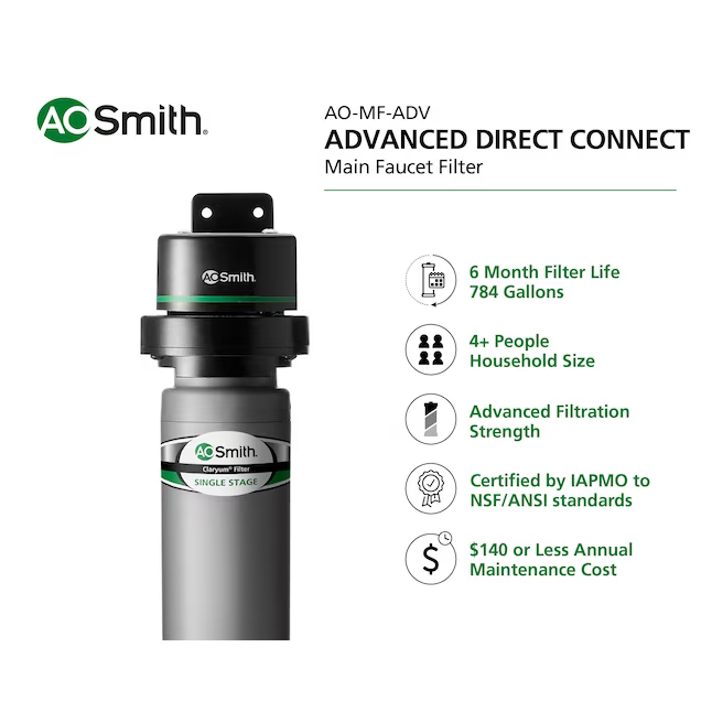 A.O. Smith Advanced Direct Connect Single-stage Carbon Block Under Sink Water Filtration System