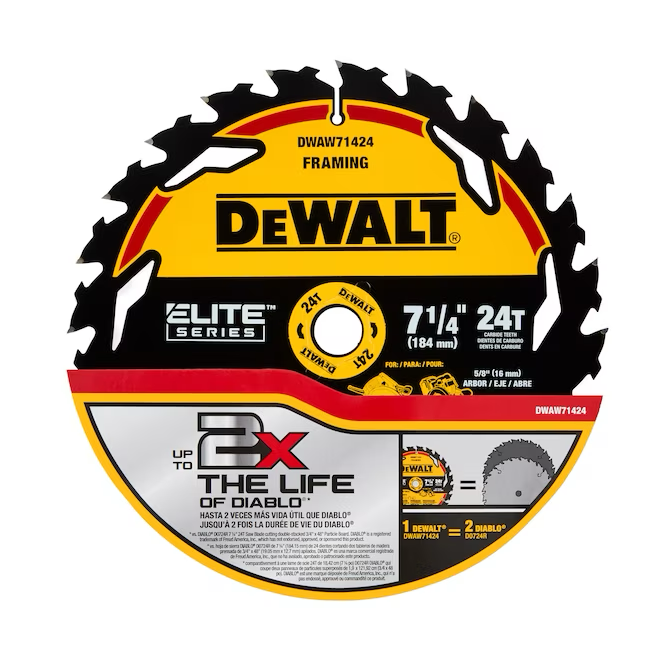 DEWALT ELITE SERIES 7-1/4 Zoll Kreissägeblatt aus Stahl mit Wolframkarbidspitze, 24 Zähne, raue Oberfläche