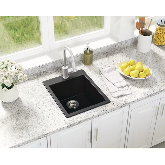 Allen + Roth Deforest Collection Dual-mount 16-in x 20-in Nero Granite Single Bowl 3-Hole Kitchen Sink