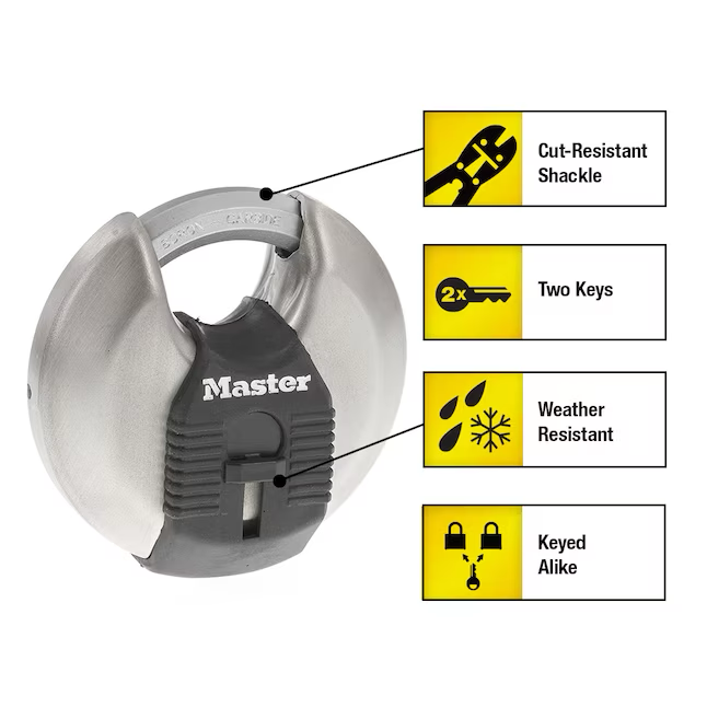 Candado con llave para exteriores cubierto de alta resistencia Master Lock, grillete de 2-3/4 pulgadas de ancho x 5/8 pulgadas con llaves iguales (paquete de 3)