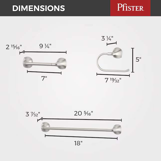 Pfister 3-teiliges Rancho Badezimmer-Hardware-Set aus gebürstetem Nickel mit Handtuchstange, Toilettenpapierhalter und Handtuchring