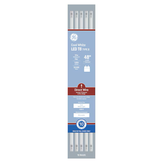 GE DLC-zertifizierte, direkt verdrahtete 32-Watt-EQ T8 Kaltweiß-G13-dimmbare LED-Glühbirne (10er-Pack)