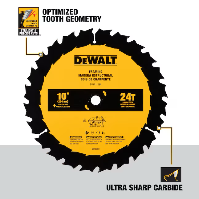 Hojas de sierra DEWALT de gran diámetro Hoja de sierra de mesa de acero con punta de carburo de tungsteno y acabado rugoso de 24 dientes y 10 pulgadas