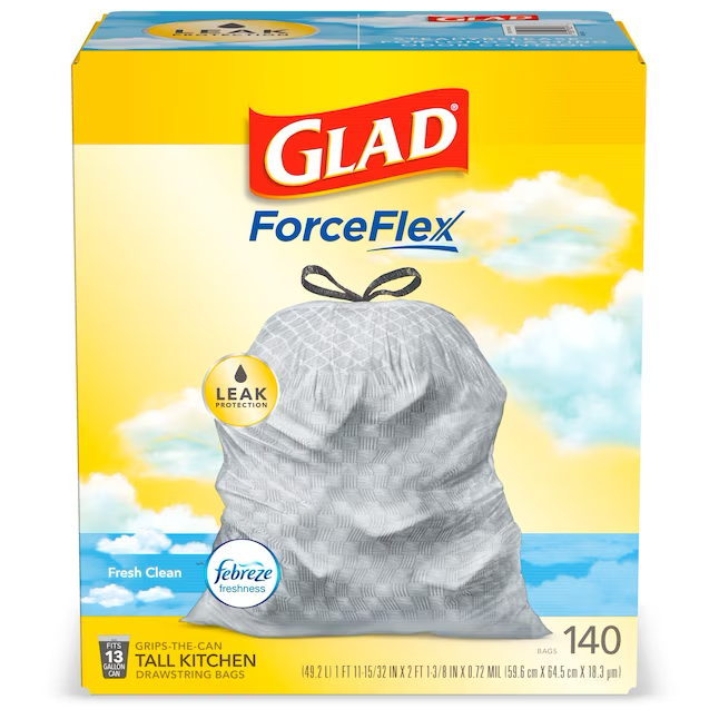 Glad ForceFlex 13 Gallonen Febreze Fresh Clean weißer Küchen-Müllbeutel aus Kunststoff mit Kordelzug (140 Stück)