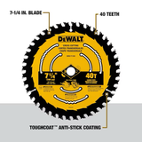 DEWALT 7-1/4 Zoll Kreissägeblatt aus Stahl mit 40 Zähnen und feiner Oberfläche und Wolframkarbidspitze