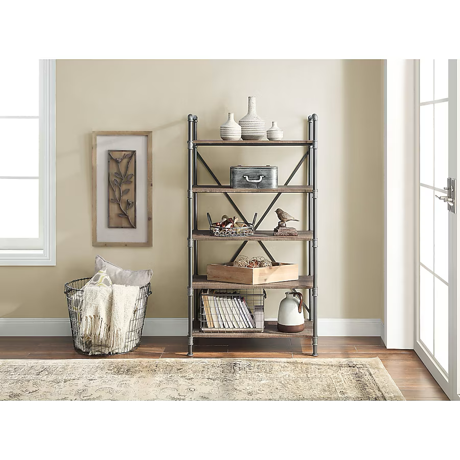 allen + roth Distressed Brown Metal 5-Shelf Bookcase (31.5-in W x 60-in H x 17.75-in D)