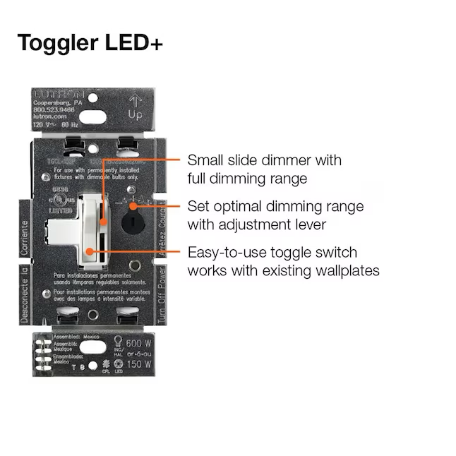 Lutron Toggler Einpoliger/3-Wege-LED-Kippschalter für Lichtdimmer, Weiß