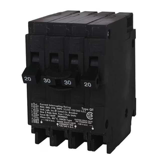 Disyuntor cuádruple de 4 polos Siemens QT de 20 amperios/30 amperios