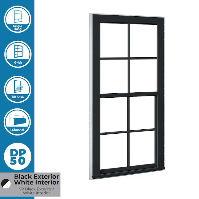 RELIABILT 150 Serie Neubau 35-1/2 Zoll x 51-1/2 Zoll x 3-1/4 Zoll Pfosten Schwarz Vinyl Low-E Einfachfenster mit Gittern Halber Fliegengitter inklusive