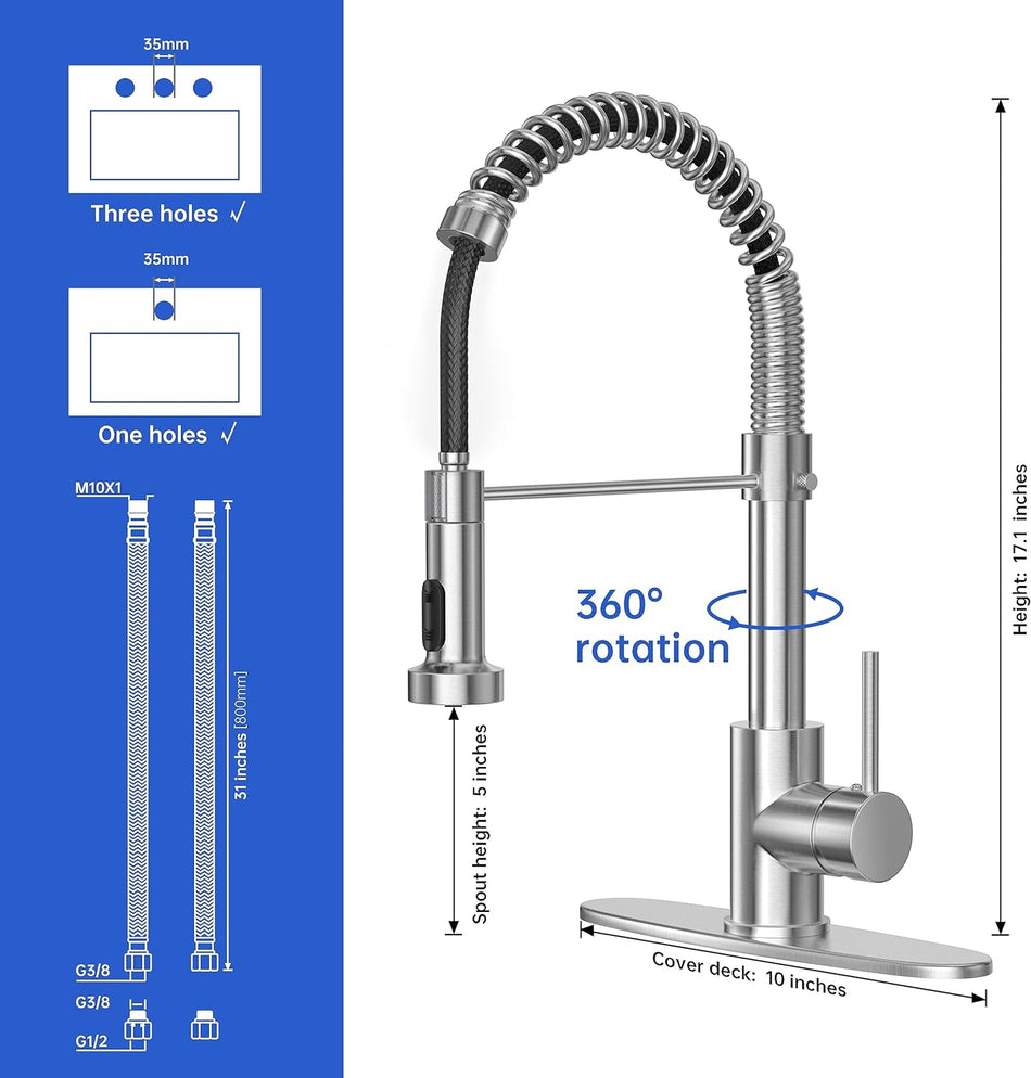 IBOFYY Grifo monomando para fregadero de cocina comercial con boquilla desplegable multifuncional (níquel cepillado)