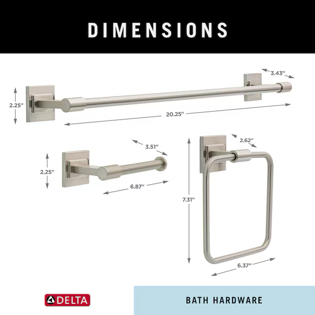 Juego de accesorios decorativos para baño de 3 piezas Mclaren Spotshield de níquel cepillado de Delta con barra para toallas, soporte para papel higiénico y aro para toallas