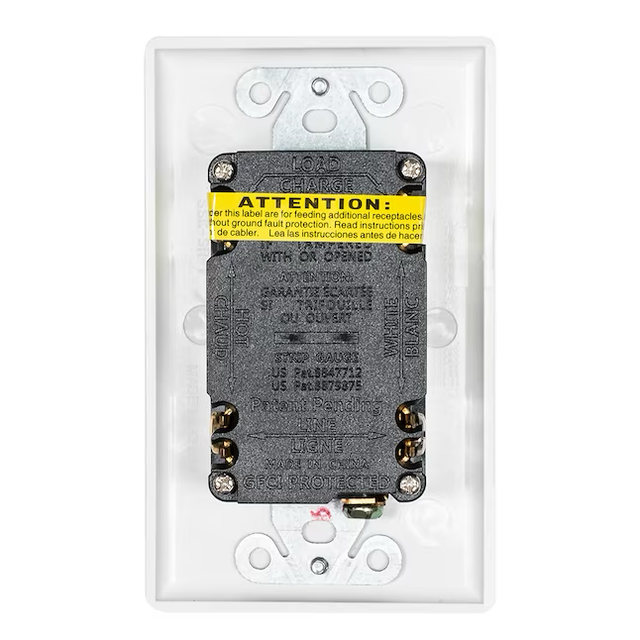 Tomacorriente GFCI delgado de autoprueba dúplex EZ-FLO de 15 amperios y 125 voltios con indicador LED y placa de pared (blanco)