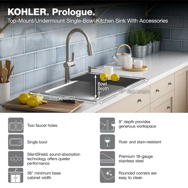 KOHLER Prologue Dual-mount 33-in x 22-in Stainless Steel Single Bowl 2-Hole Workstation Kitchen Sink with Drainboard