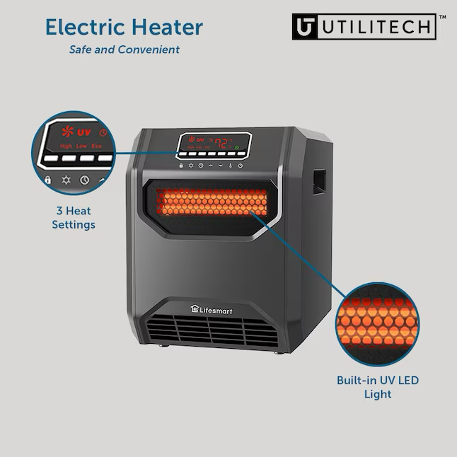 Utilitech Up to 1500-Watt Infrared Quartz Cabinet Indoor Electric Space Heater with Thermostat and Remote Included