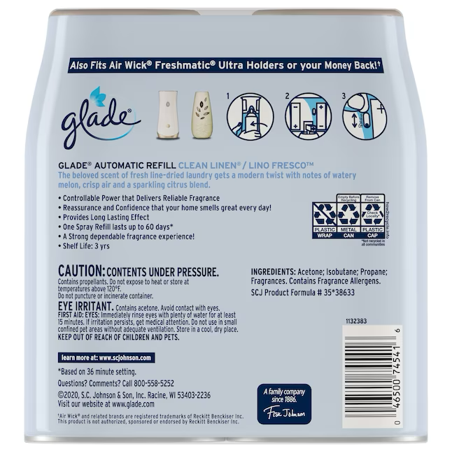 Glade Automatic Refill 6,2 oz Clean Linen Nachfüll-Lufterfrischer (2er-Pack)