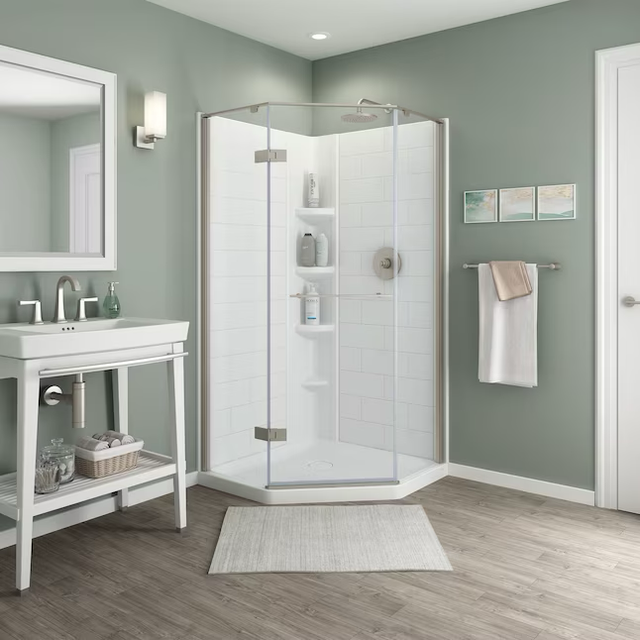 American Standard Elevate Brushed Nickel 36-1/4-in to 36-5/8-in W x 74-in H Frameless Corner Neo Angle Hinged Soft Close Shower Door