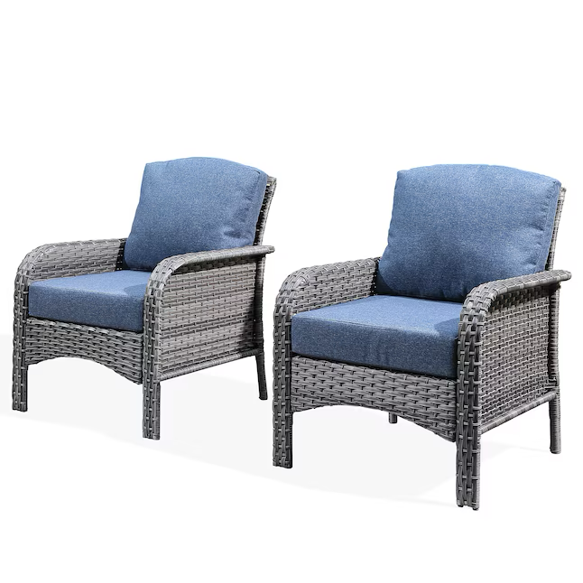 Ovios Set of 2 Wicker Black Metal Frame Stationary Conversation Chair with Blue Cushioned Seat