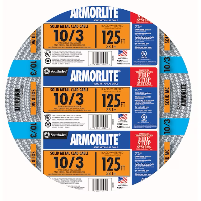 Southwire Armorlite 125-ft 10/3 Solid Aluminum Mc Cable