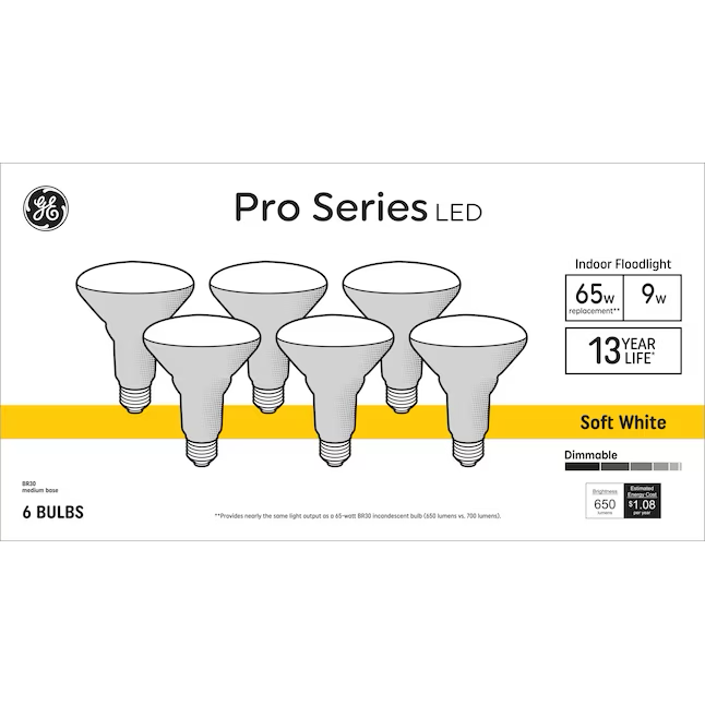 GE PRO Series 65 Watt EQ BR30 Soft White Mittlerer Sockel (e-26) Dimmbare LED-Glühbirne (6er-Pack) 