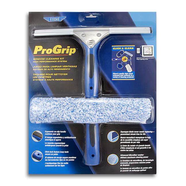 Ettore ProGrip Rubber Window Squeegee - Blue, Single Straight Blade, Click-Lock Handle, Microfiber Washer Sleeve - Long-Lasting Silicone Blade