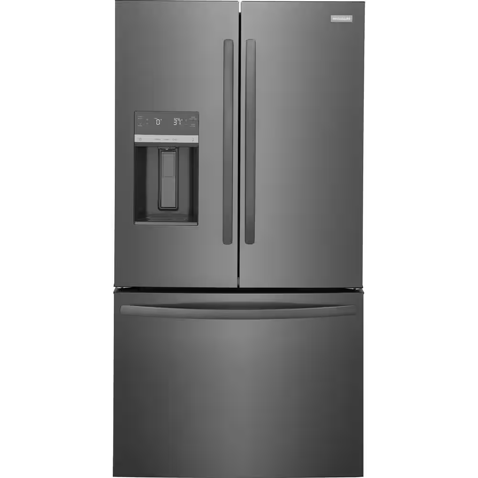 Refrigerador Frigidaire de puerta francesa de 27.8 pies cúbicos con máquina de hielo, dispensador de agua y hielo (acero inoxidable negro) ENERGY STAR