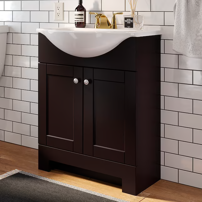 Style Selections Euro tocador de baño con lavabo individual de 24 pulgadas, color espresso, con tapa de mármol blanco cultivado